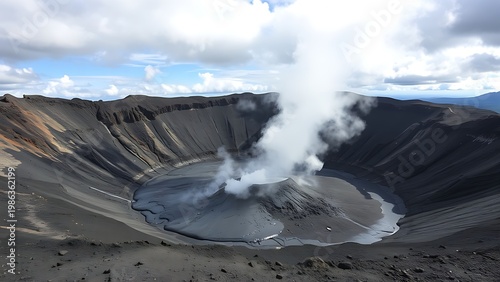 slurry. Volcanic landscape with dark gray slurry bubbling at the crater's edge, steam rising. travel magazines, destination branding, designed for travel destination branding, used by teachers.