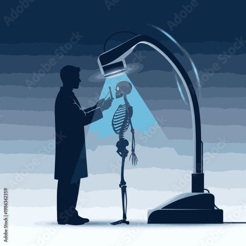 Scientist Operating Medical Scanner with Human Skeleton Vector