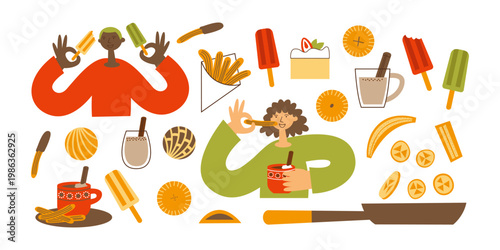 Mexican desserts set with horchata, concha, coyotas, tres leches cake, paletas, churros, fried bananas and hot chocolate. Traditional sweet Latin American food with characters.