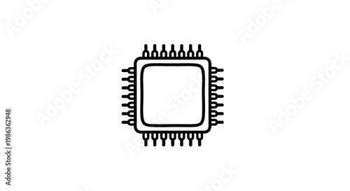 Outline Drawing of a Microchip Processor Icon with Pins on Isolated White Background