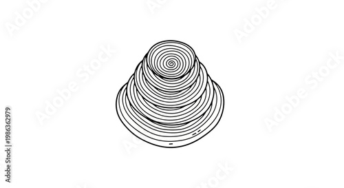Minimalist black outline abstract conical spiral pattern, isolated white background.