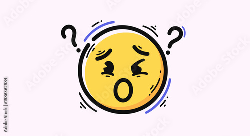 Cartoon Yellow Emoji Face with Surprised Expression and Question Marks on Light Purple Background