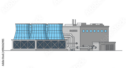 Modern industrial power plant with cooling towers and pipes, clean energy concept illustration
