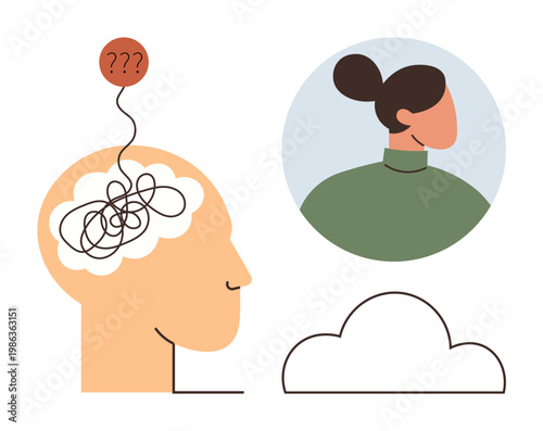 Therapy, psychological health, confusion, problem-solving, mindfulness, self-reflection. Profile of a woman, tangled lines in a brain and a cloud. Psychological health and therapy concept