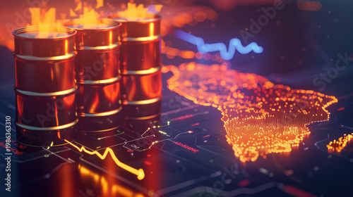 global energy shortage crisis concept picture of oil barrels and pumpjacks with financial chart at sunset over industrial refinery.	