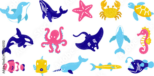 colorful drawn marine animals set elements whale dolphin octopus and sea creatures isolated for kids web design stickers decor