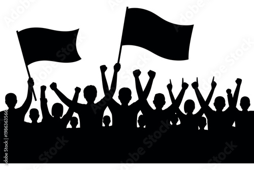 Crowd of protestors raise their fists and flags in unison.