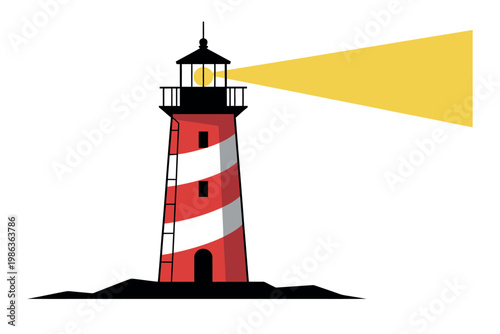 Striped lighthouse shines its yellow beam across the water.