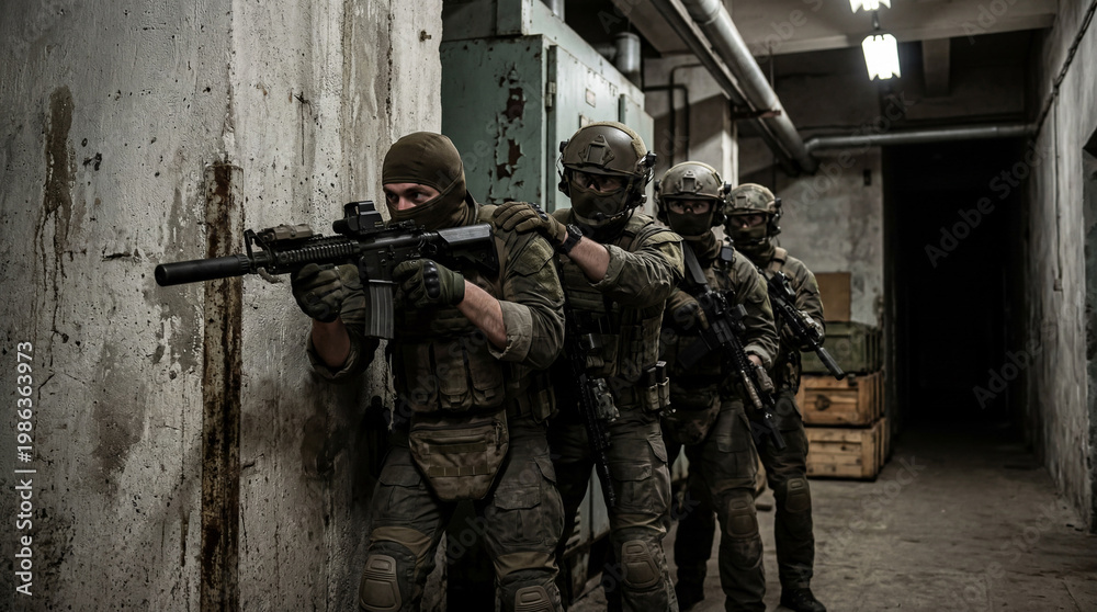 Fototapeta premium Elite Soldiers Conducting Indoor Close Combat Operation