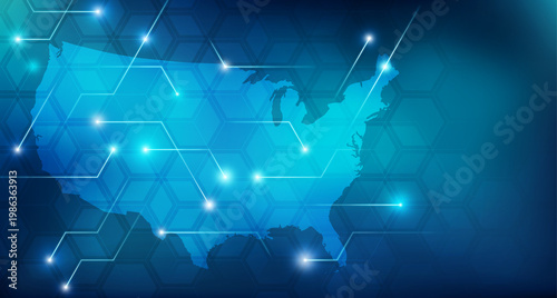 Connected United States of America map – Blue concept related to USA trade / digitalization / connection.