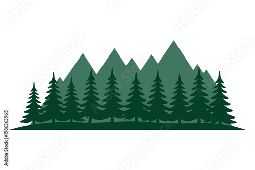 Pine trees and mountains form a natural forest landscape.