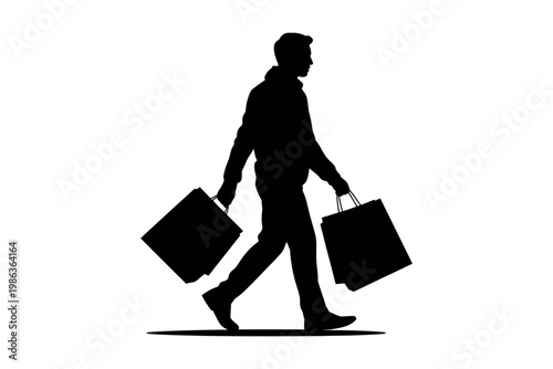 Man silhouette carrying shopping bags on a plain background.
