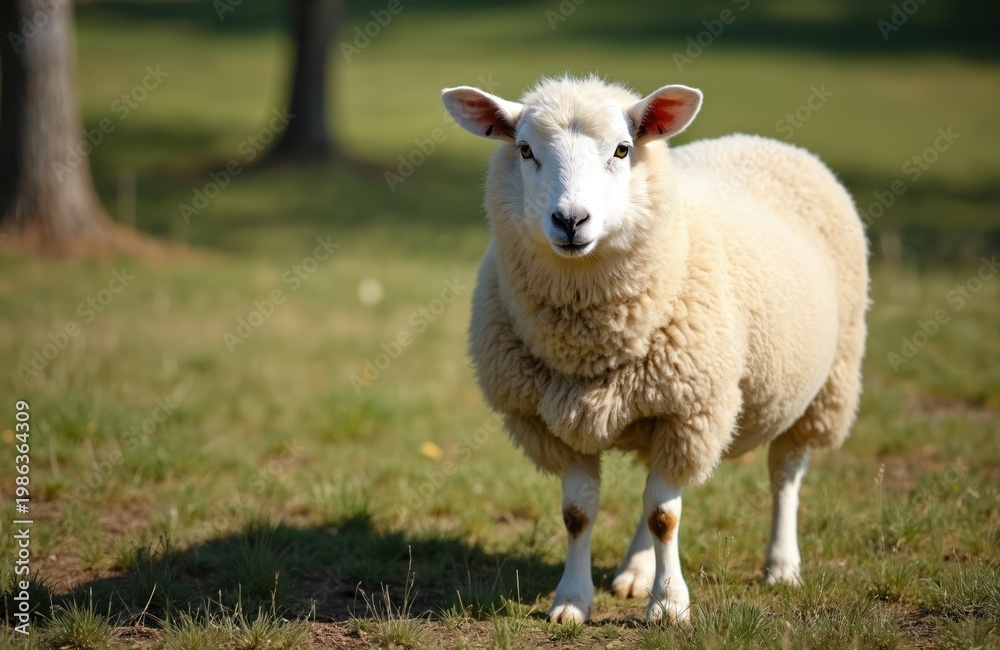 Fototapeta premium White sheep stands in a green meadow on a sunny day. The fluffy mammal has dark markings on its legs and looks directly at the camera. This farm animal grazes peacefully in the countryside.