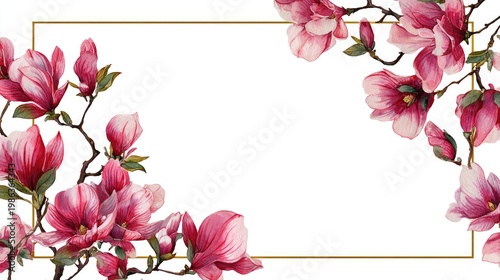 rectangular frame of vinous Magnolia flowers on a white background, watercolor
