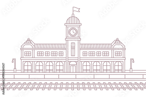 Train station building illustration with clock tower and tracks.