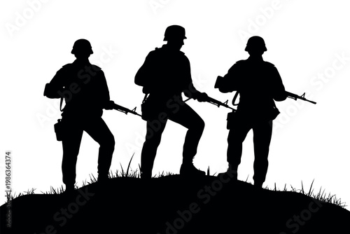 Soldiers in silhouette stand ready on a grassy hill.