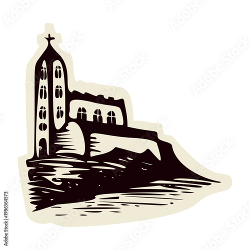 Pilgrimage scene of little monastery church on the pilgrims way route. Black and white simple hand drawn illustration for religious faith based icon.