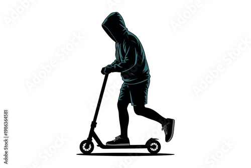 Hooded figure rides an electric scooter with a determined.