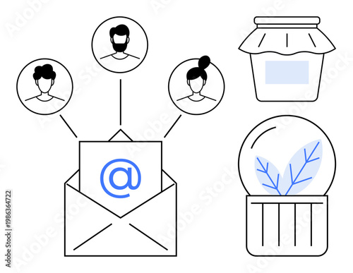 Digital communication, email marketing, online networking, user connection, sustainability, eco-friendly solutions. Envelope with email icon connects user profiles. Digital communication and email