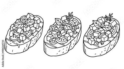 Bruschetta toasts with tomato and basil leaves. Classic italian food