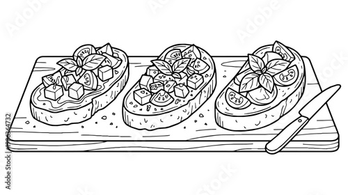 Three bruschetta slices topped with tomato and mozzarella on a wooden board. Fresh basil leaves and a knife create a rustic brunch mood.