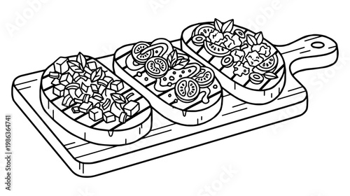 bruschetta slices sit on a wooden cutting board in a studio background displaying diced tomatoes basil and melted cheese.