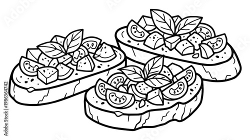 italian bruschetta slices arranged on a white studio background. Tomato wedges basil leaves and cubed cheese top each slice creating a rustic still life.