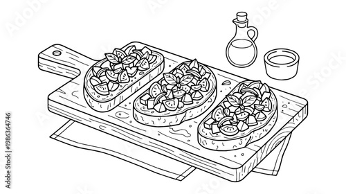 Bruschetta arranged on a wooden cutting board. Olive oil and a small bowl sit beside the board creating a rustic mood