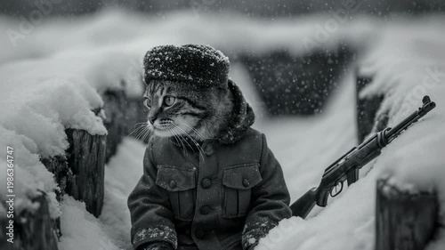 Cat in a Soviet World War II winter uniform sitting in a snowy trench. Tabby cat as a soldier with a rifle in the snow. Historical military metaphor