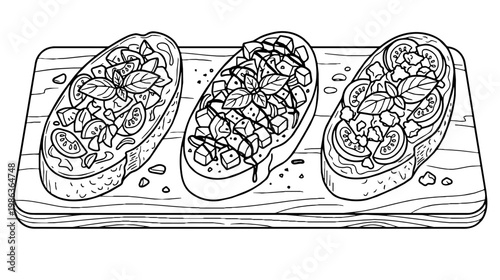 Bruschetta topped with tomatoes and basil arranged on a wooden cutting board. Three slices display diced cheese and fresh basil in a rustic sketch drawing and convey a casual mood.