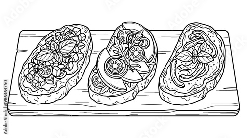 bruschetta with tomato basil and arugula toppings in black and white line art with a rustic breakfast mood