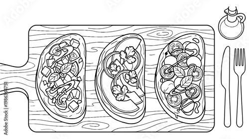 bruschetta toasts with tomato basil and cheese. Knife fork and oil cruet sit beside the board creating a rustic mood.
