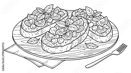 Bruschetta with tomato and basil served on a wooden plate.