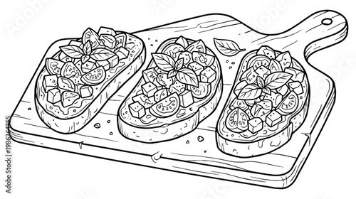 Three bruschetta slices sit on a wooden cutting board. They are topped with diced tomatoes basil leaves and mozzarella creating a rustic appetizer.