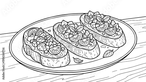 bruschetta italian dish on a ceramic plate on a wooden table. Topped with tomato cubes and fresh basil for a bright rustic mood.