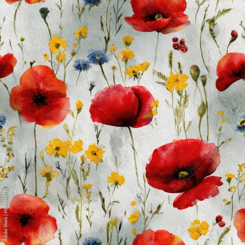 red poppies and wildflowers watercolor seamless pattern on a light background