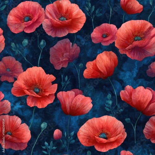 red poppies on dark blue background watercolor