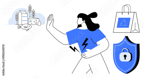 Sustainability, eco-friendly habits, data protection, renewable energy, recycling, conscious consumerism. Woman rejecting certain foods, shield with padlock eco-friendly shopping bag. Sustainability