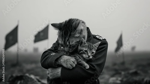 Cat officer in military uniform holding a kitten. Feline soldier embracing a young kitten in a wartime setting. Protection and family metaphor