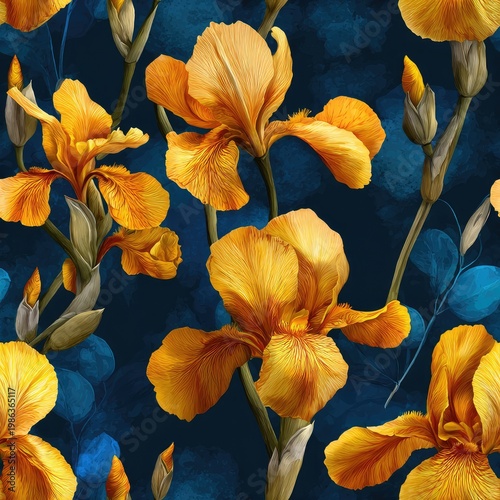 yellow-orange irises seamless pattern on dark blue background watercolor