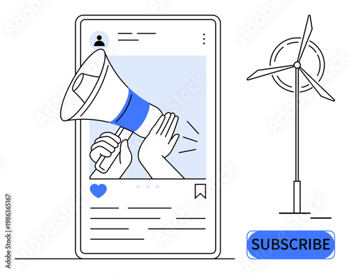 Social media marketing, environmental awareness, renewable energy, online subscriptions, eco-friendly campaigns, content creation. A smartphone with a megaphone and wind turbine. Social media