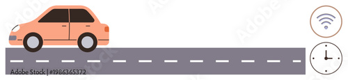 Smart transportation, autonomous technology, IoT applications, vehicle connectivity, time management, innovation. Orange car on road with wireless and clock icons. Smart transportation and autonomous