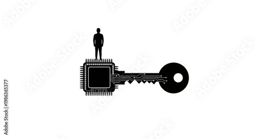 Silhouette of a man standing on microchip with key.