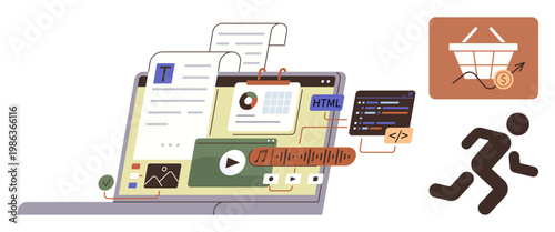 E-commerce, digital marketing, web development, graphic design, content creation, programming. Laptop with multimedia and code elements. E-commerce and digital marketing concept