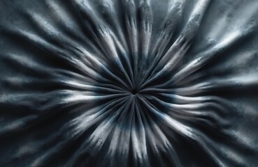 Abstract dark gray and white tie dye fabric folds create radial pattern. Soft textile texture, blurred edge, moody lighting creates modern grunge feel. Natural dye art background.