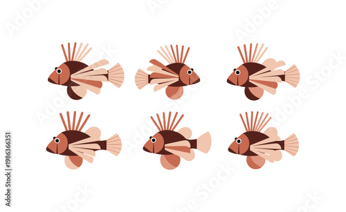 Colorful marine life collection with lionfish in flat style on white background