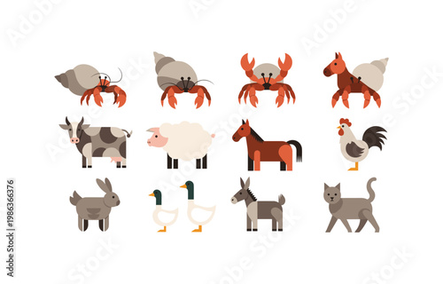 Flat cartoon farm animals and sea creatures collection