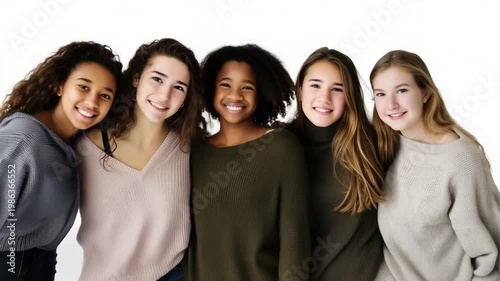 Diverse young women hugging and smiling together, friendship, inclusion and natural beauty portrait isolated on white background