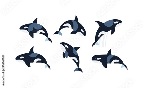 Playful orcas in dynamic cartoon style on white background
