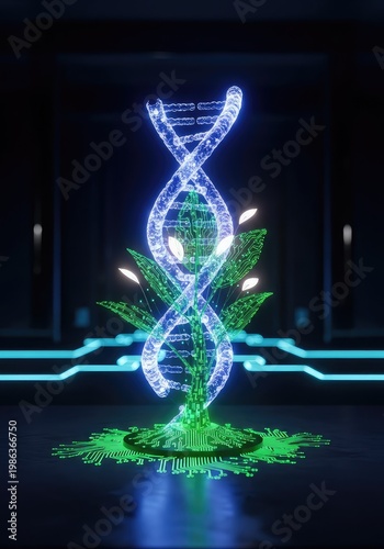 A glowing double helix DNA strand intertwines with a digital sprouting plant in a dark laboratory setting with neon blue light circuits, bioengineering, dna, structure